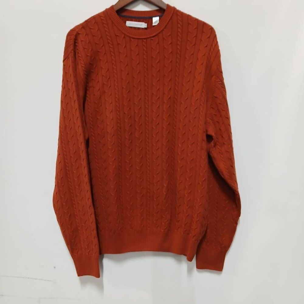 Alex cannon mens large cable knit sweater 100% cotton rust pumpkin crewneck